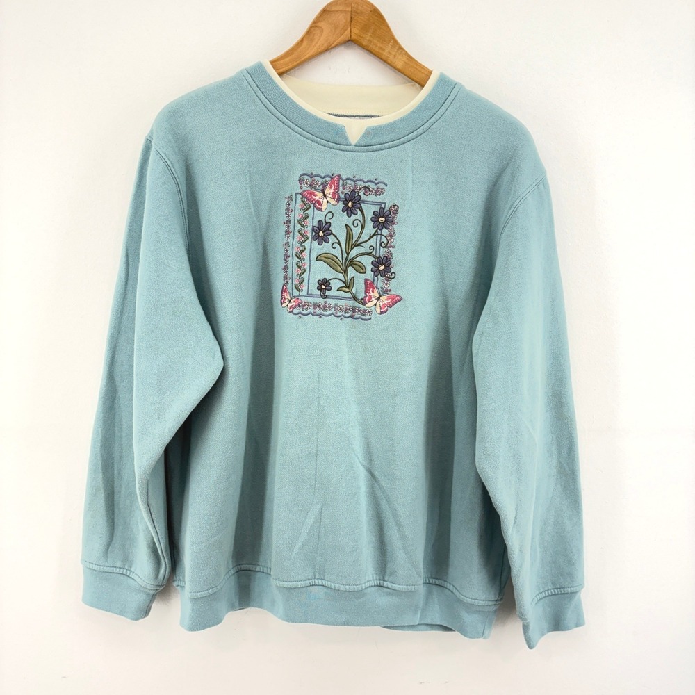 Vintage Hasting & Smith Womens Blue Embroidered Butterfly Floral Sweatshirt L